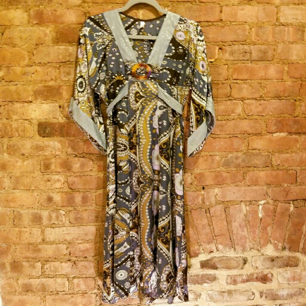 Boho Paisley Midi Dress in Olive and Gray